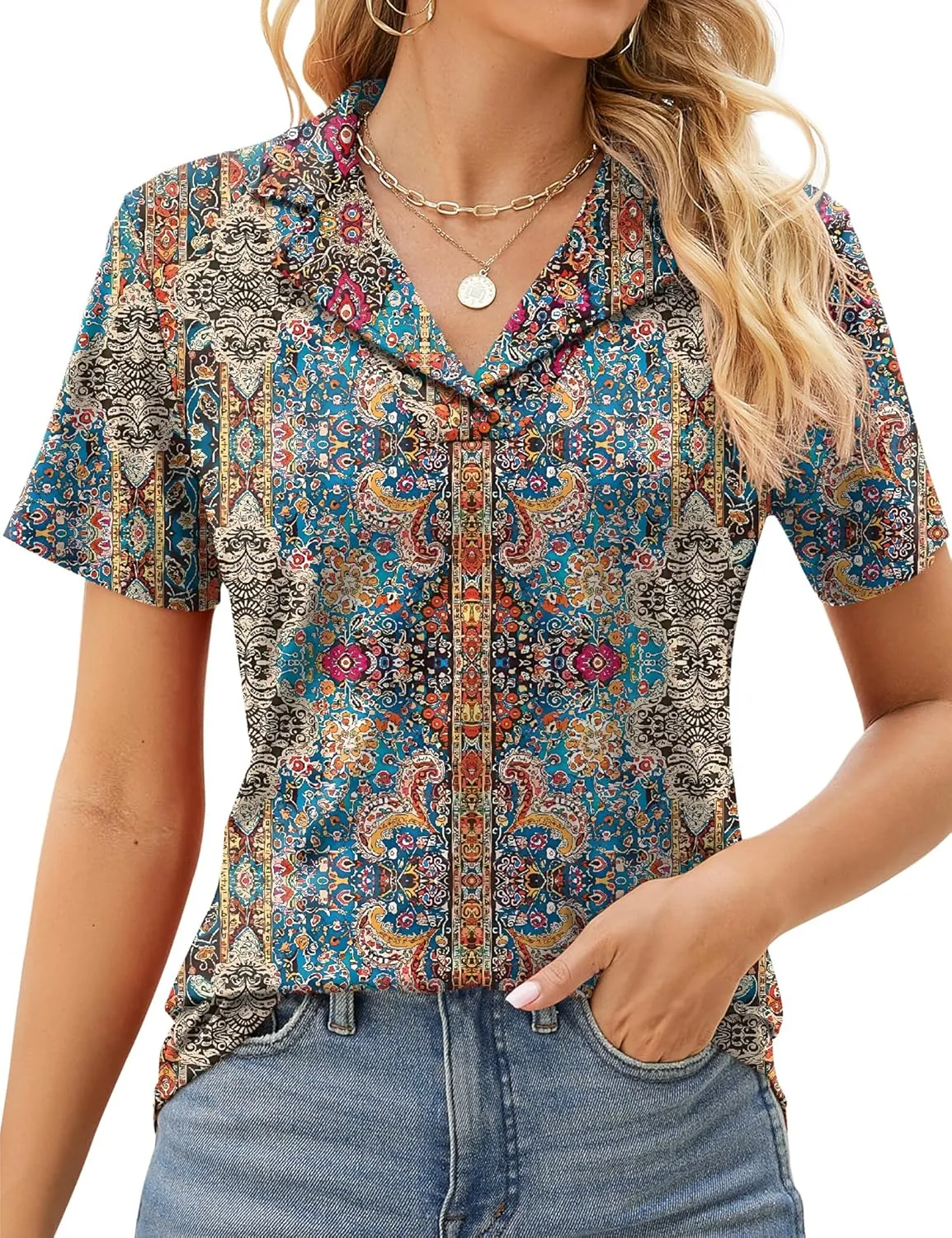 Rapbin Women's Polo Shirts Lapel Collar V Neck Short Sleeve Blouse Dressy Casual Tunic Tops