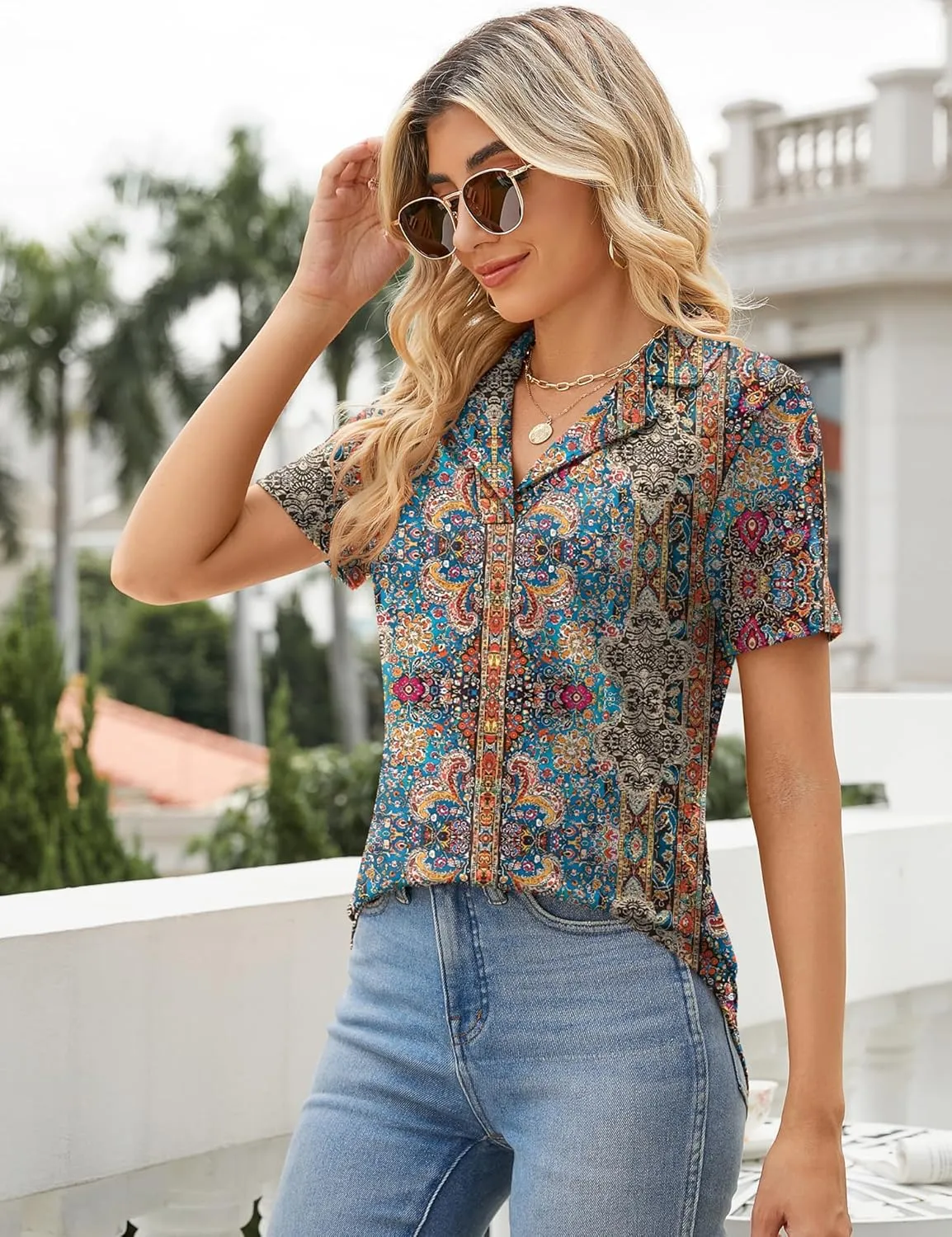 Rapbin Women's Polo Shirts Lapel Collar V Neck Short Sleeve Blouse Dressy Casual Tunic Tops