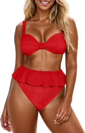 Saodimallsu Womens 2 Piece High Waisted Swimsuit Ruffle Bikini Sets Twist Knot Ribbed Bathing Suits