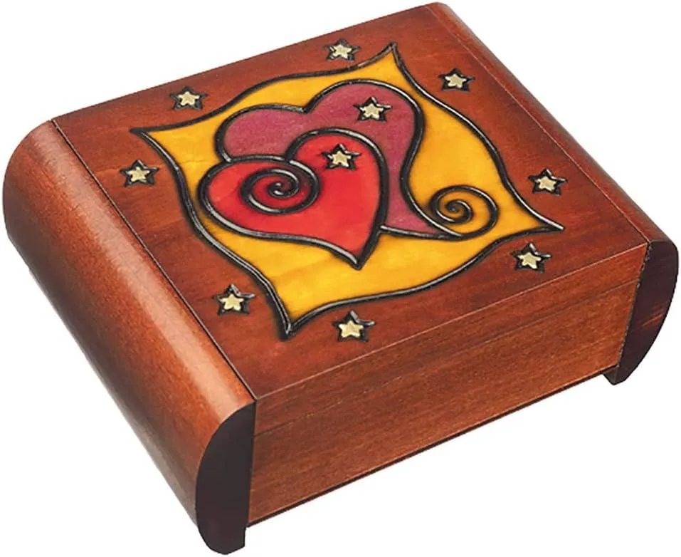 Secret Heart Linden Wood Polish Jewelry Keepsake Box Two Hearts Valentine's Day Present