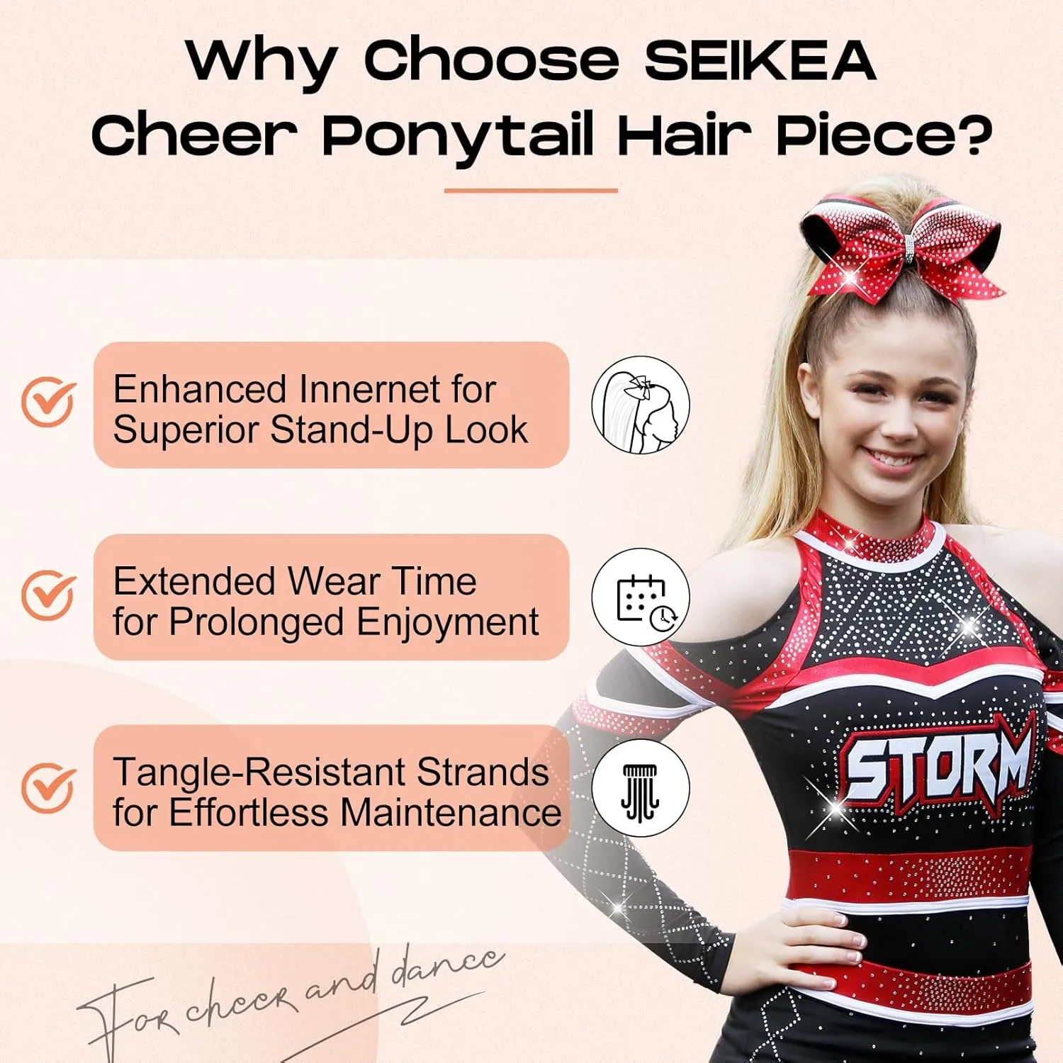 SEIKEA Cheer Ponytail Hair Piece, 16" Black Brown Straight Cheerleader Hairpiece Ponytail Extension for Cheerleader Competition, Dance
