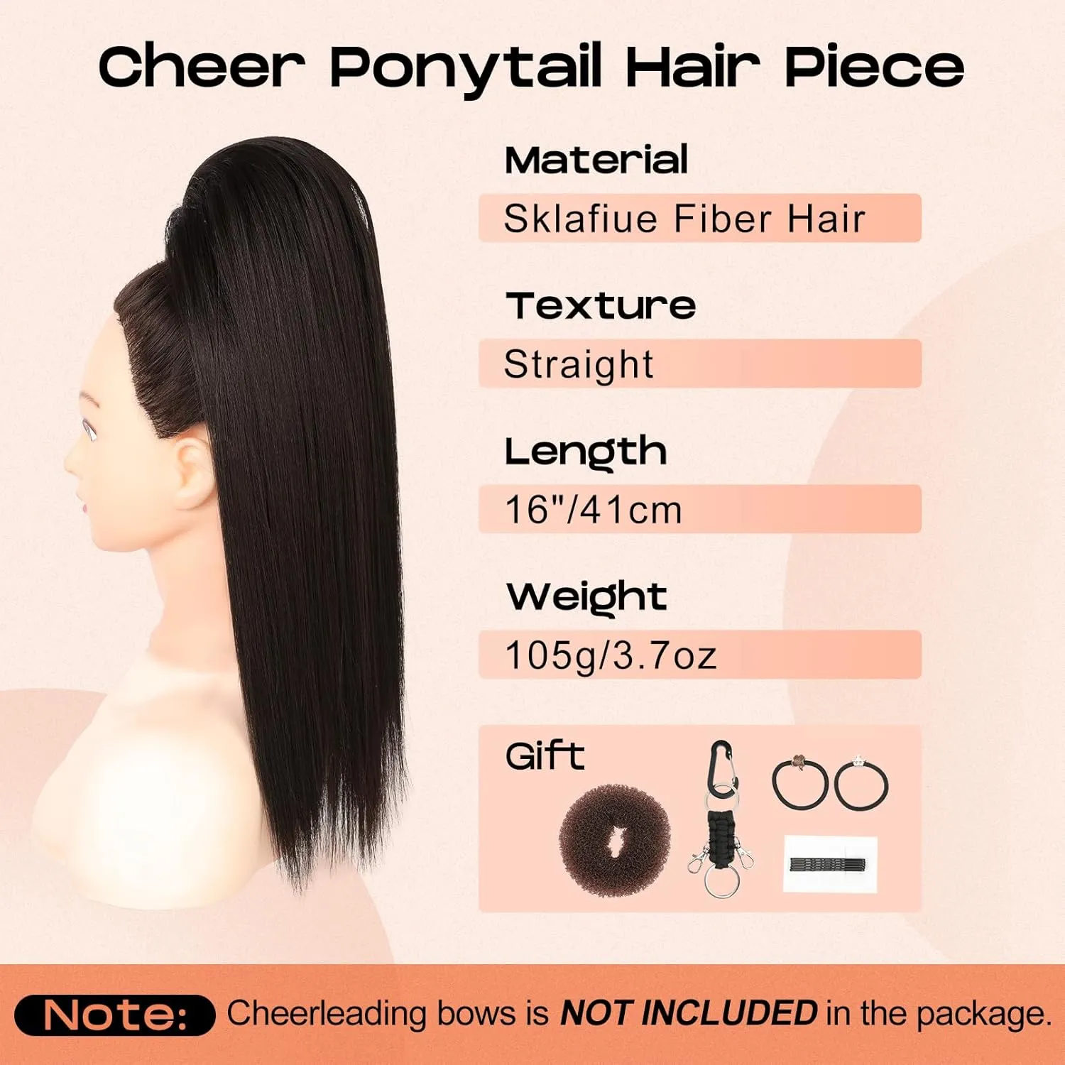 SEIKEA Cheer Ponytail Hair Piece, 16" Black Brown Straight Cheerleader Hairpiece Ponytail Extension for Cheerleader Competition, Dance