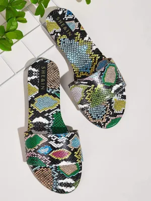Snakeskin Print Open Toe Sliders