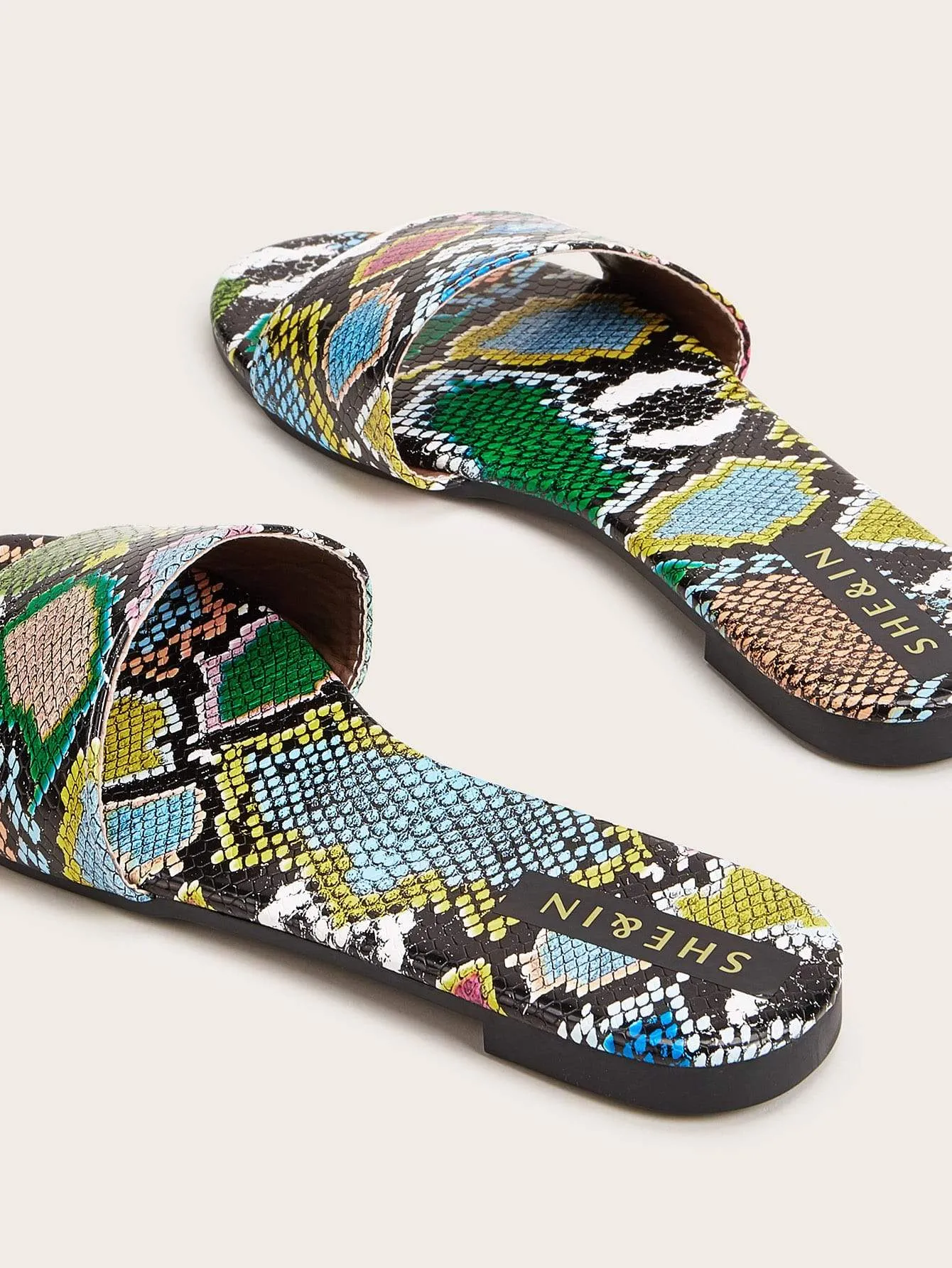 Snakeskin Print Open Toe Sliders