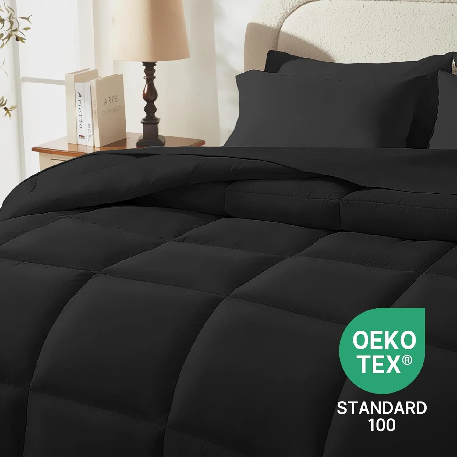 SunStyle Home Black Full/Queen Comforter Set - 7 Piece Bed in a Bag, Lightweight All Season Comforter with Sheets, Queen Size Bedding Sets with 1 Comforter, 1 Flat Sheet, 1 Fitted Sheet, 4 Pillowcases