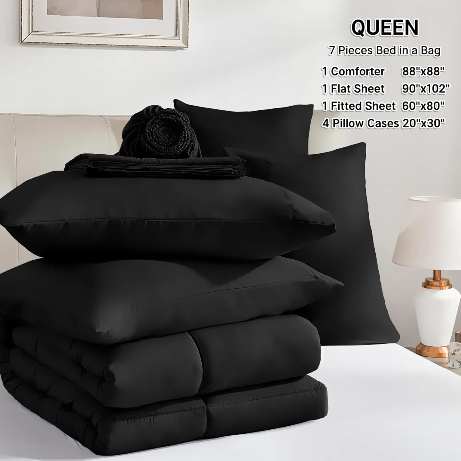 SunStyle Home Black Full/Queen Comforter Set - 7 Piece Bed in a Bag, Lightweight All Season Comforter with Sheets, Queen Size Bedding Sets with 1 Comforter, 1 Flat Sheet, 1 Fitted Sheet, 4 Pillowcases