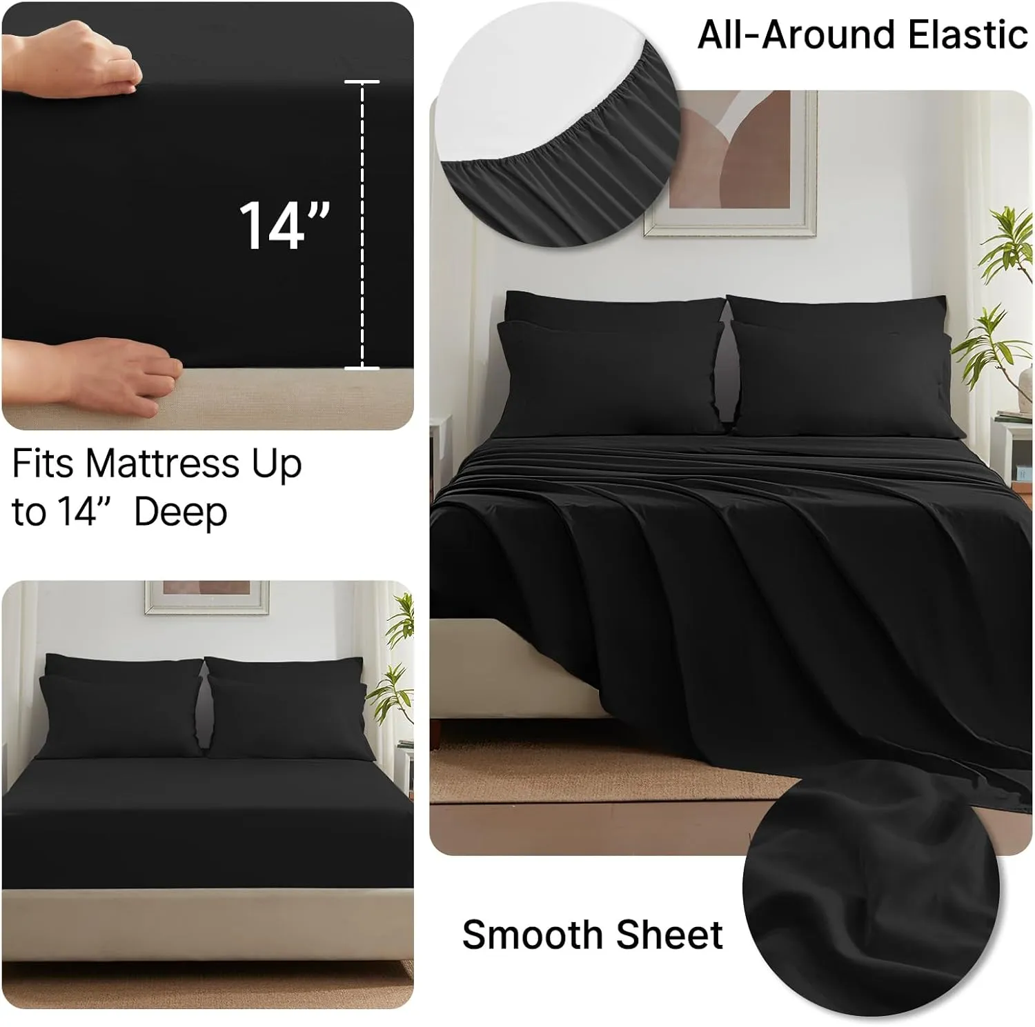 SunStyle Home Black Full/Queen Comforter Set - 7 Piece Bed in a Bag, Lightweight All Season Comforter with Sheets, Queen Size Bedding Sets with 1 Comforter, 1 Flat Sheet, 1 Fitted Sheet, 4 Pillowcases