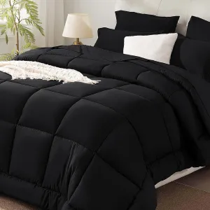 SunStyle Home Black Full/Queen Comforter Set - 7 Piece Bed in a Bag, Lightweight All Season Comforter with Sheets, Queen Size Bedding Sets with 1 Comforter, 1 Flat Sheet, 1 Fitted Sheet, 4 Pillowcases