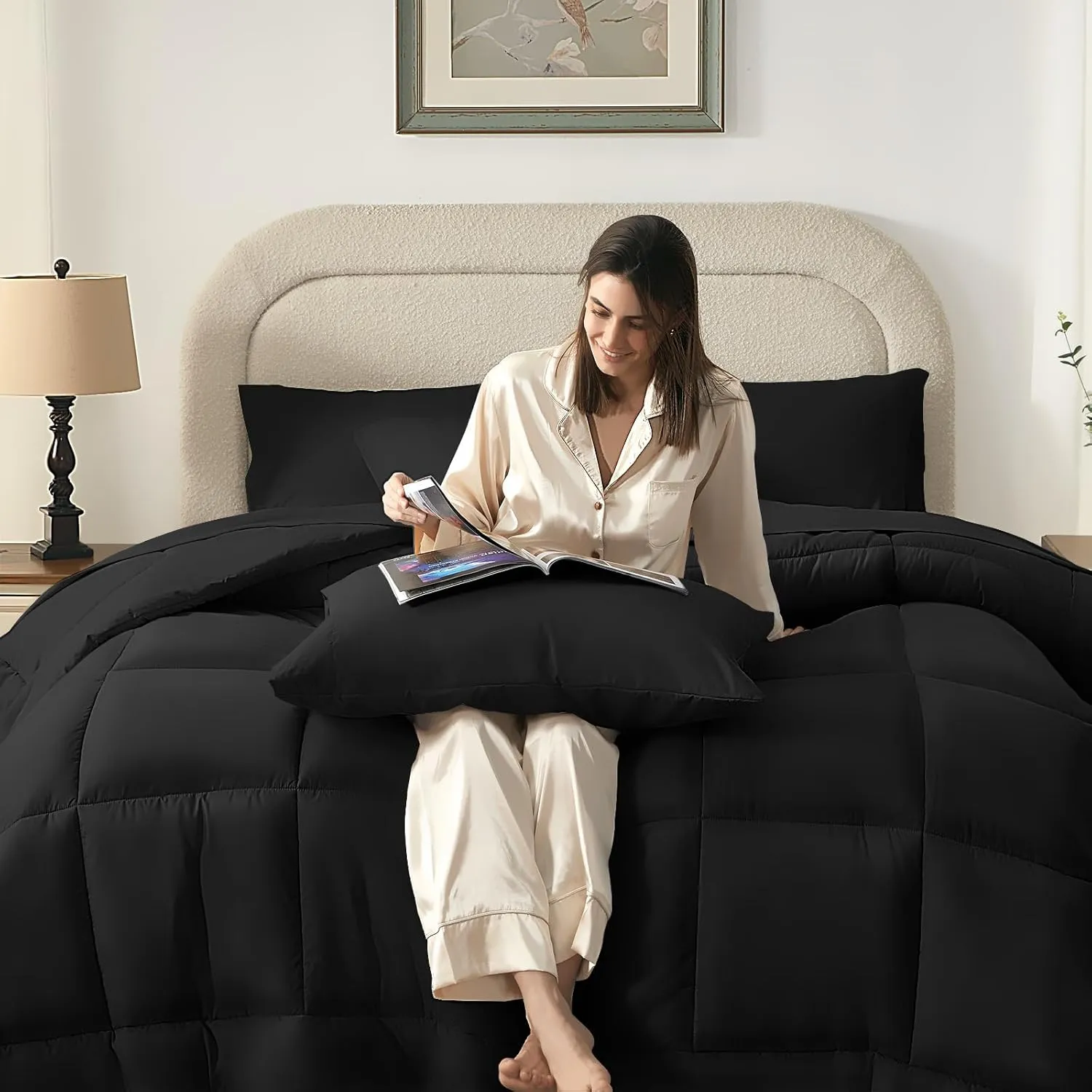 SunStyle Home Black Full/Queen Comforter Set - 7 Piece Bed in a Bag, Lightweight All Season Comforter with Sheets, Queen Size Bedding Sets with 1 Comforter, 1 Flat Sheet, 1 Fitted Sheet, 4 Pillowcases