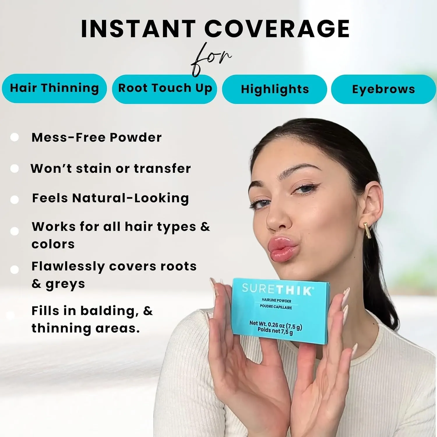 SURETHIK 4-in-1 Premium Hairline Powder Kit - Conceal Thinning Hair, Root Touch-Up, Highlight Refresher & Eyebrow Enhancer for Men and Women (Light Brown)