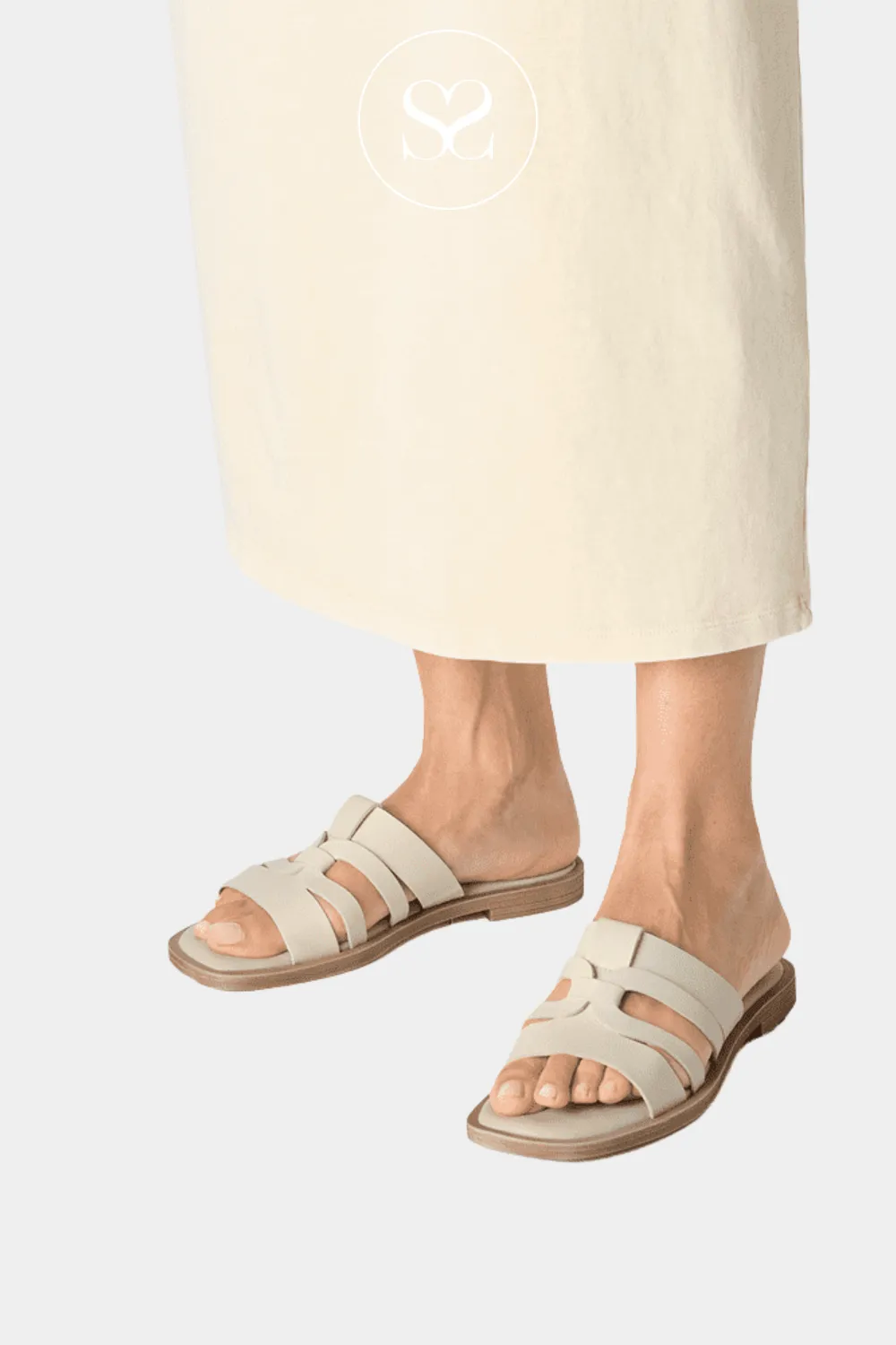 TAMARIS 1-27103-42 IVORY LEATHER MULE SANDALS