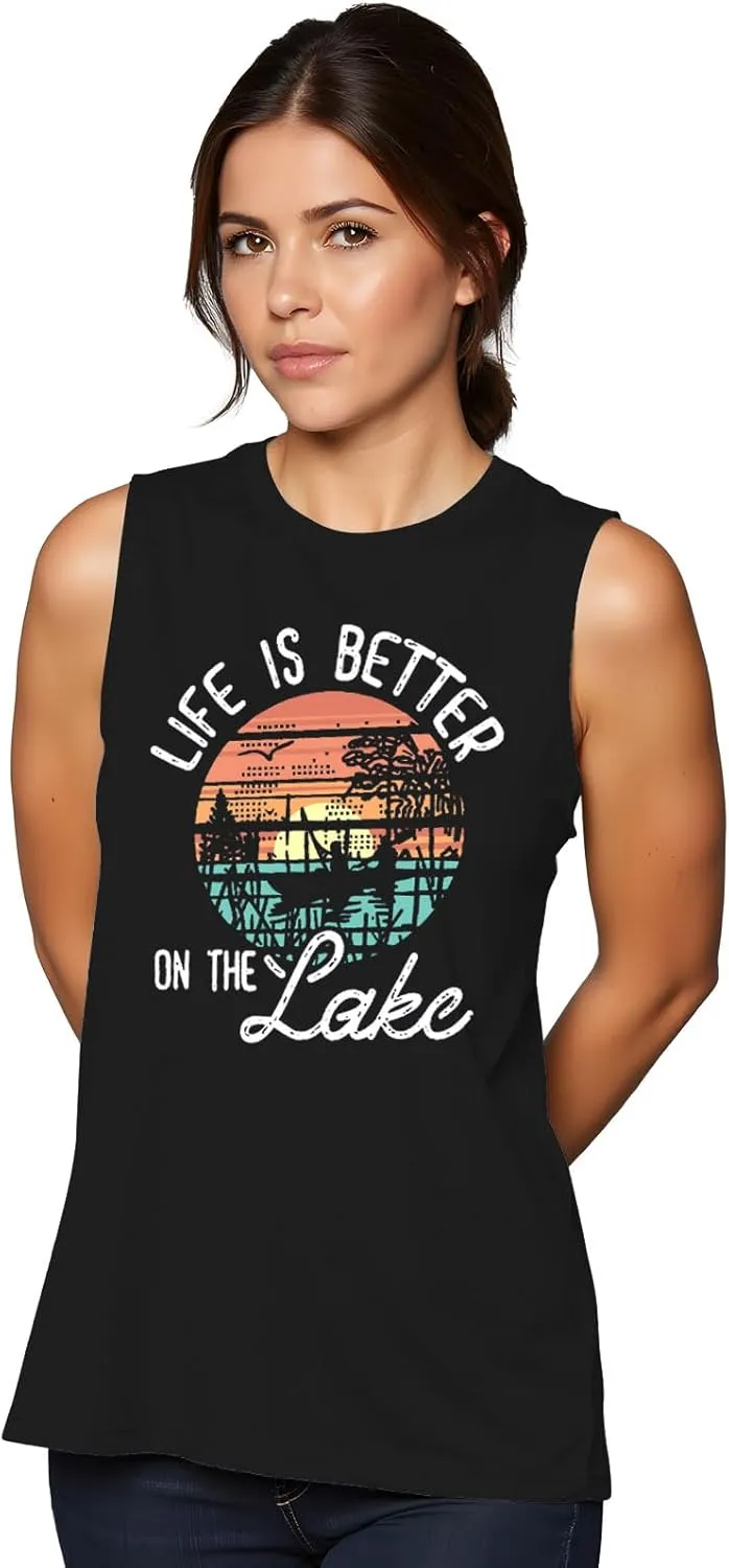 The Lake is My Happy Place T Shirt Women Lake Graphic Summer Sleeveless Shirts