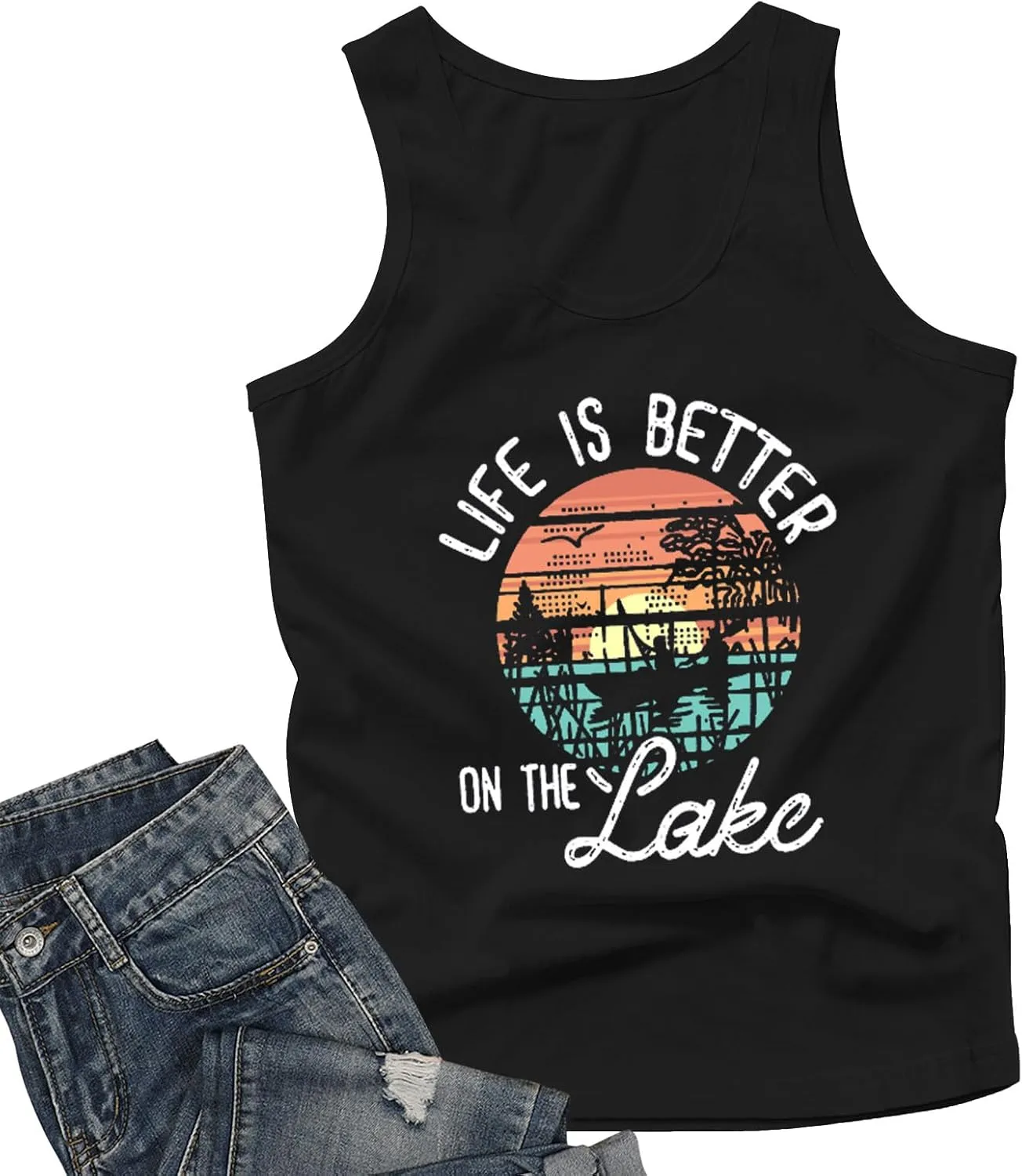 The Lake is My Happy Place T Shirt Women Lake Graphic Summer Sleeveless Shirts