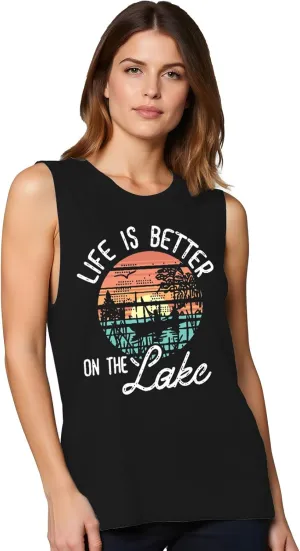 The Lake is My Happy Place T Shirt Women Lake Graphic Summer Sleeveless Shirts