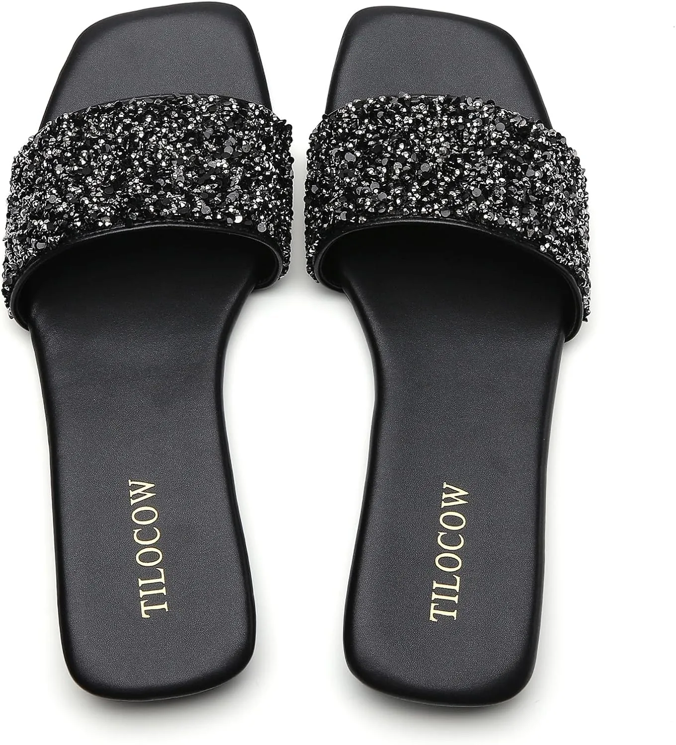 Tilocow Women Rhinestone Decor Flat Sandals Square Toe Fashion Glitter Bling Slides With Soft Summer Slippers