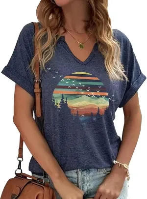 TIXOM Womens Summer V Neck Shirt Funny Letter Printed Graphic Short Sleeve Tee Casual Loose Fit Holiday Tops