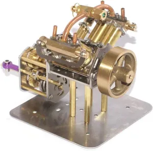 V4-Steam Engine Model Mini V4 All-Metal Retro Physical Experiment Science Educational Engine Model with Reverse Gearbox for Steam Ship Car Models, 12 x 8.5 x 10 cm