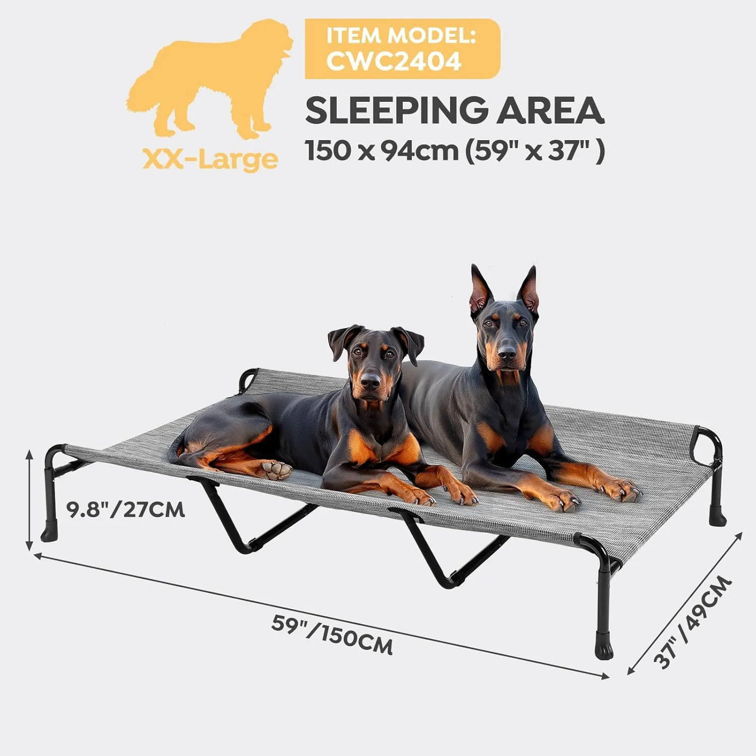 Veehoo Cooling Elevated Dog Bed, 59" x 37" for Large Dogs, Outdoor With Guardrail, Upgraded Non-Slip Feet, Breathable Teslin Mesh, Portable Camping Cot, Black Silver