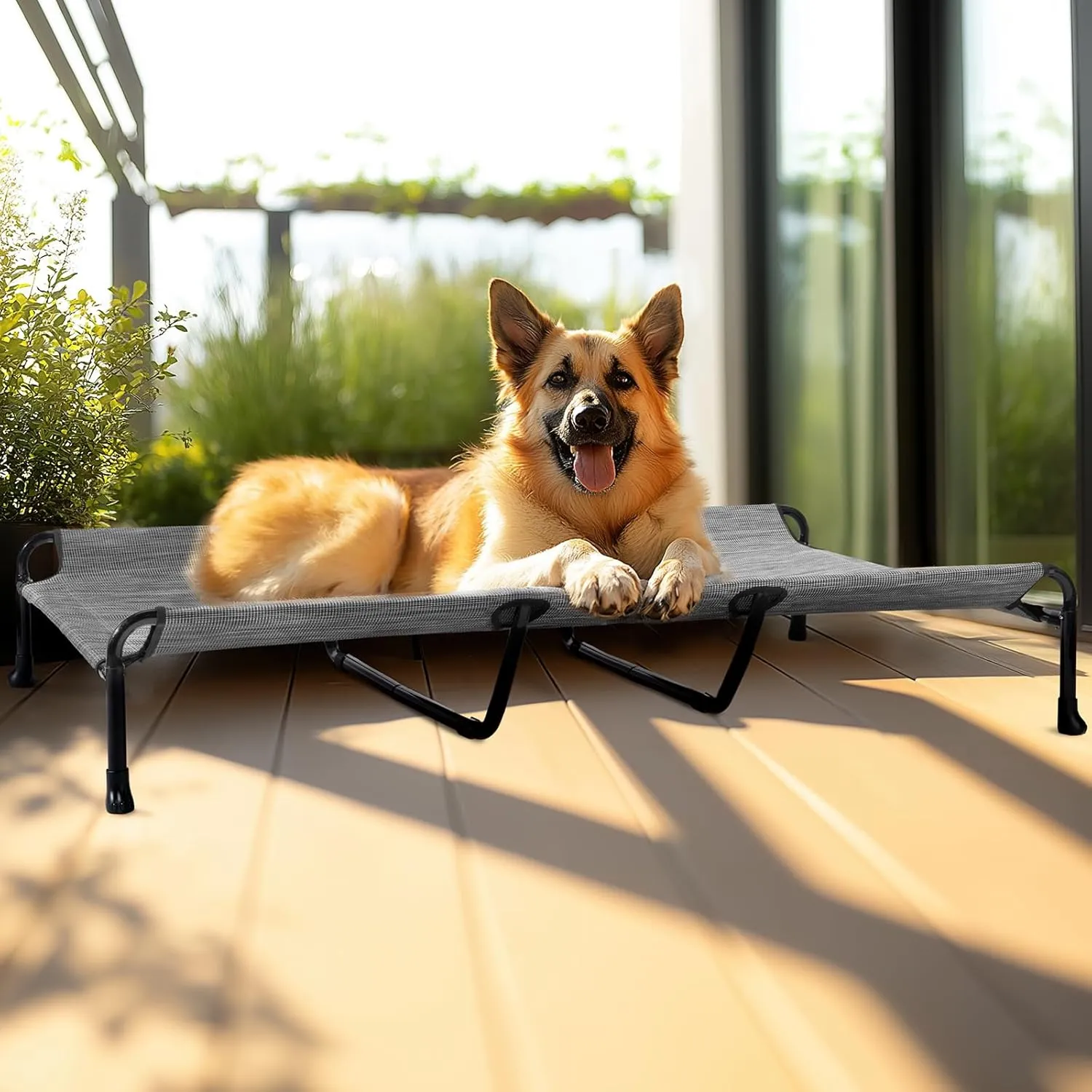 Veehoo Cooling Elevated Dog Bed, 59" x 37" for Large Dogs, Outdoor With Guardrail, Upgraded Non-Slip Feet, Breathable Teslin Mesh, Portable Camping Cot, Black Silver