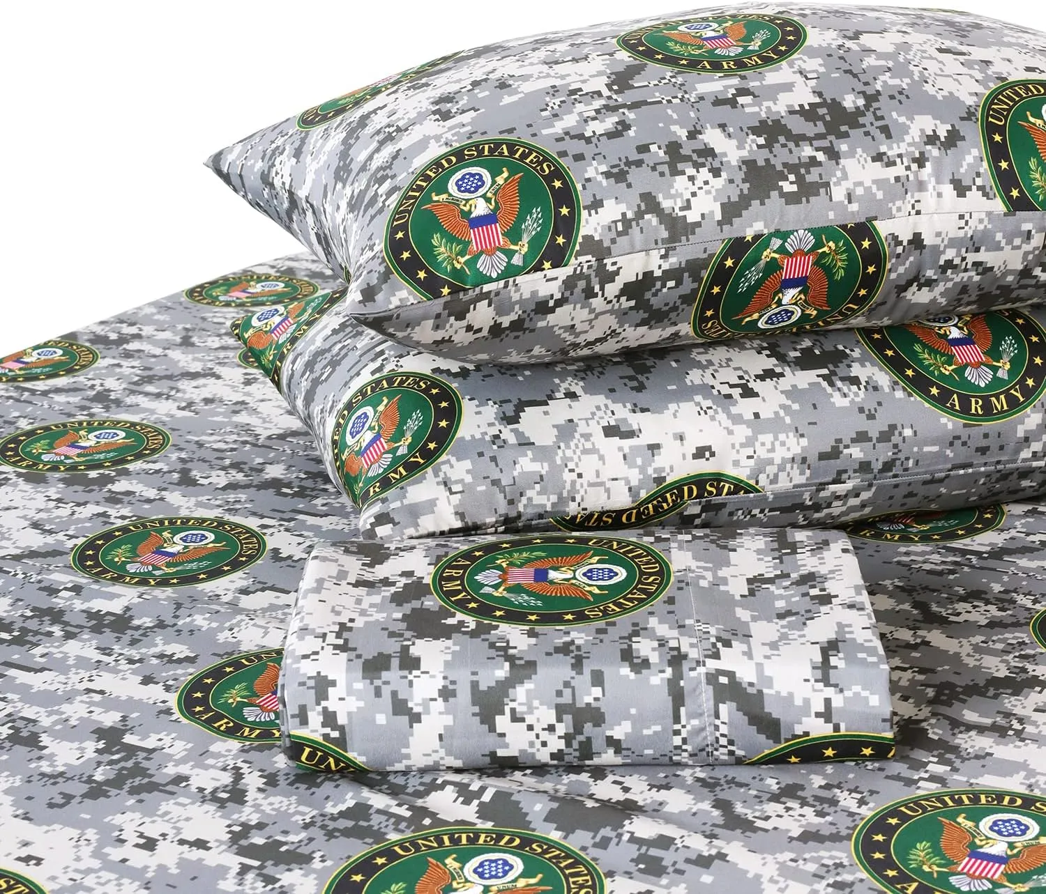 VISI-ONE US Army Camouflage Queen Sheet Set - 4 Piece Military Camo Bedding - Premium Microfiber Super Soft Plain Weave Fabric - Easy Care Machine Washable Army Bedding for Bedroom
