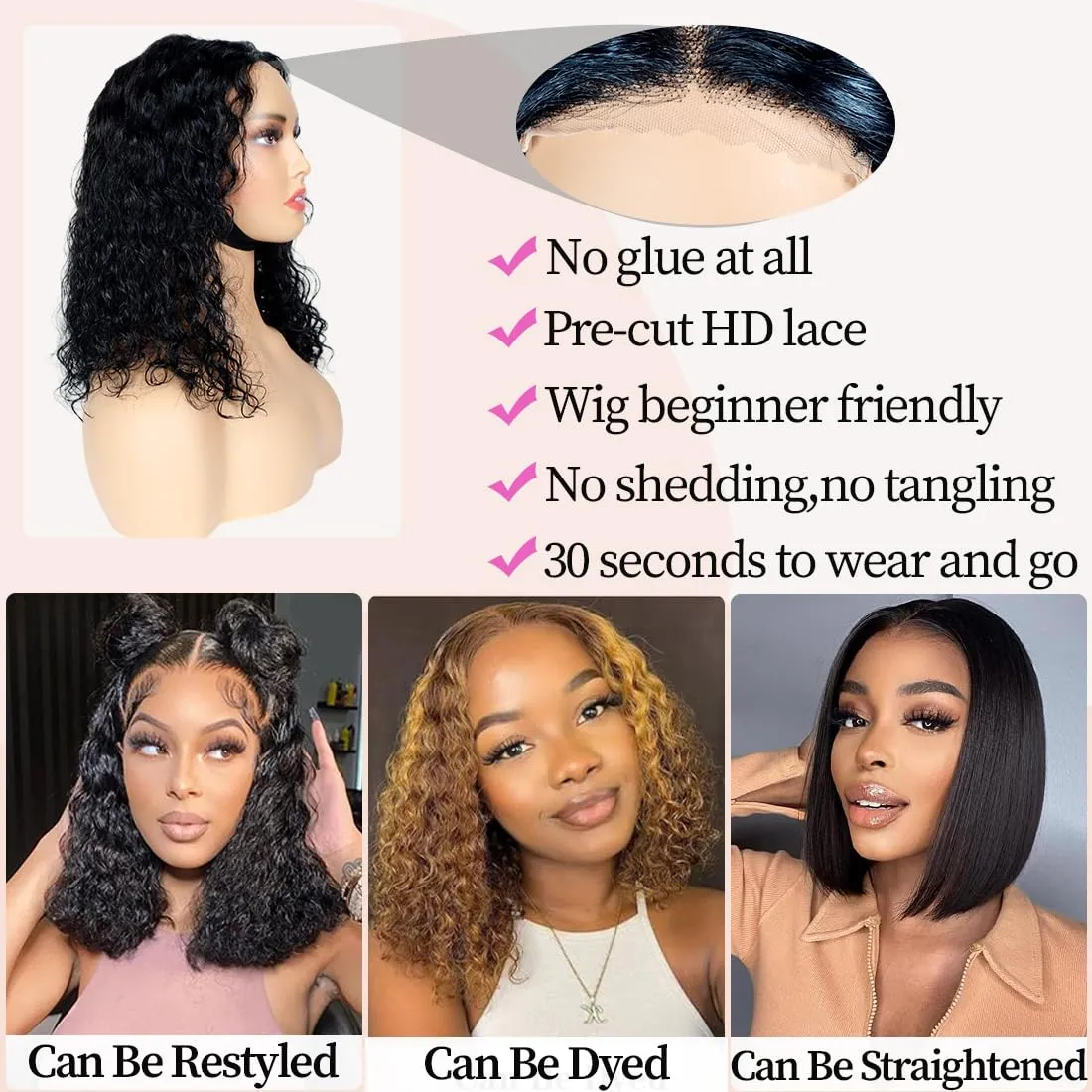 Wear and Go Glueless Wigs Bob Wig Human Hair Glueless Wigs Human Hair Pre Plucked Pre Cut for Beginners 180% Density Deep Wave Lace Front Wig Human Hair Natural Black 10Inches
