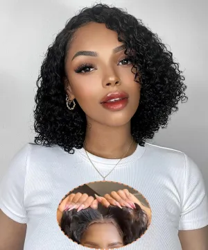 Wear and Go Glueless Wigs Bob Wig Human Hair Glueless Wigs Human Hair Pre Plucked Pre Cut for Beginners 180% Density Deep Wave Lace Front Wig Human Hair Natural Black 10Inches