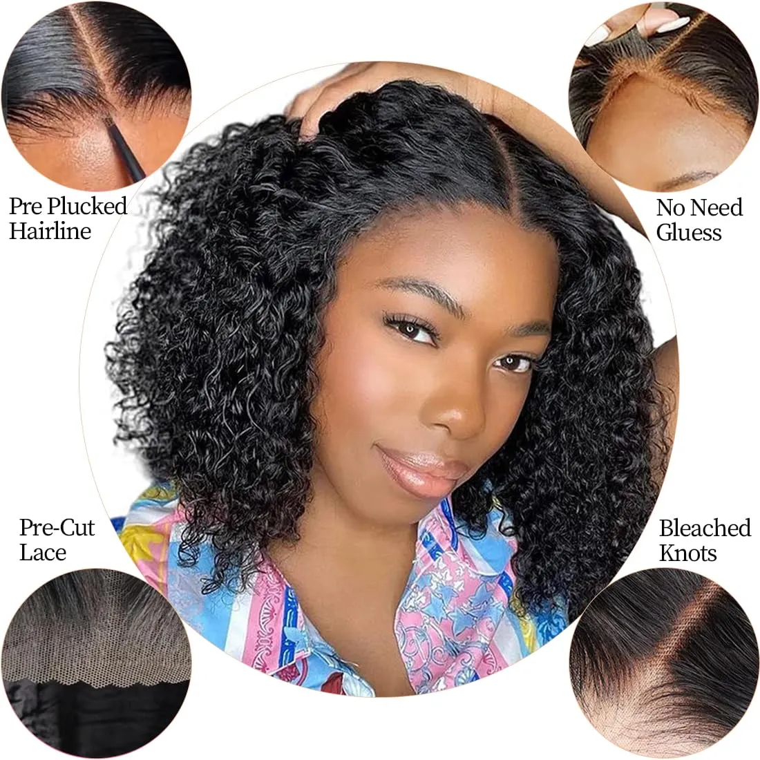 Wear and Go Glueless Wigs Bob Wig Human Hair Glueless Wigs Human Hair Pre Plucked Pre Cut for Beginners 180% Density Deep Wave Lace Front Wig Human Hair Natural Black 10Inches
