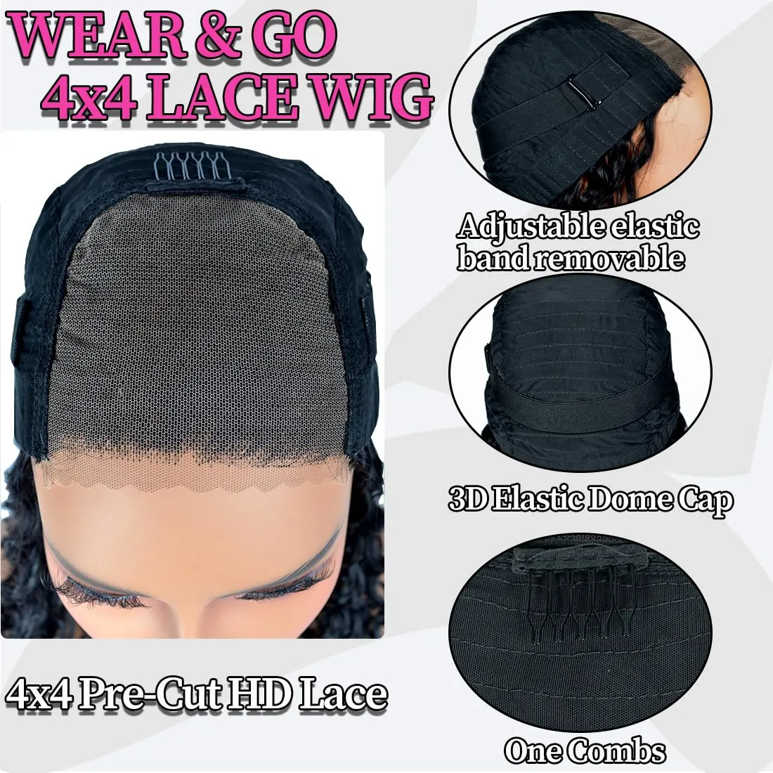 Wear and Go Glueless Wigs Bob Wig Human Hair Glueless Wigs Human Hair Pre Plucked Pre Cut for Beginners 180% Density Deep Wave Lace Front Wig Human Hair Natural Black 10Inches