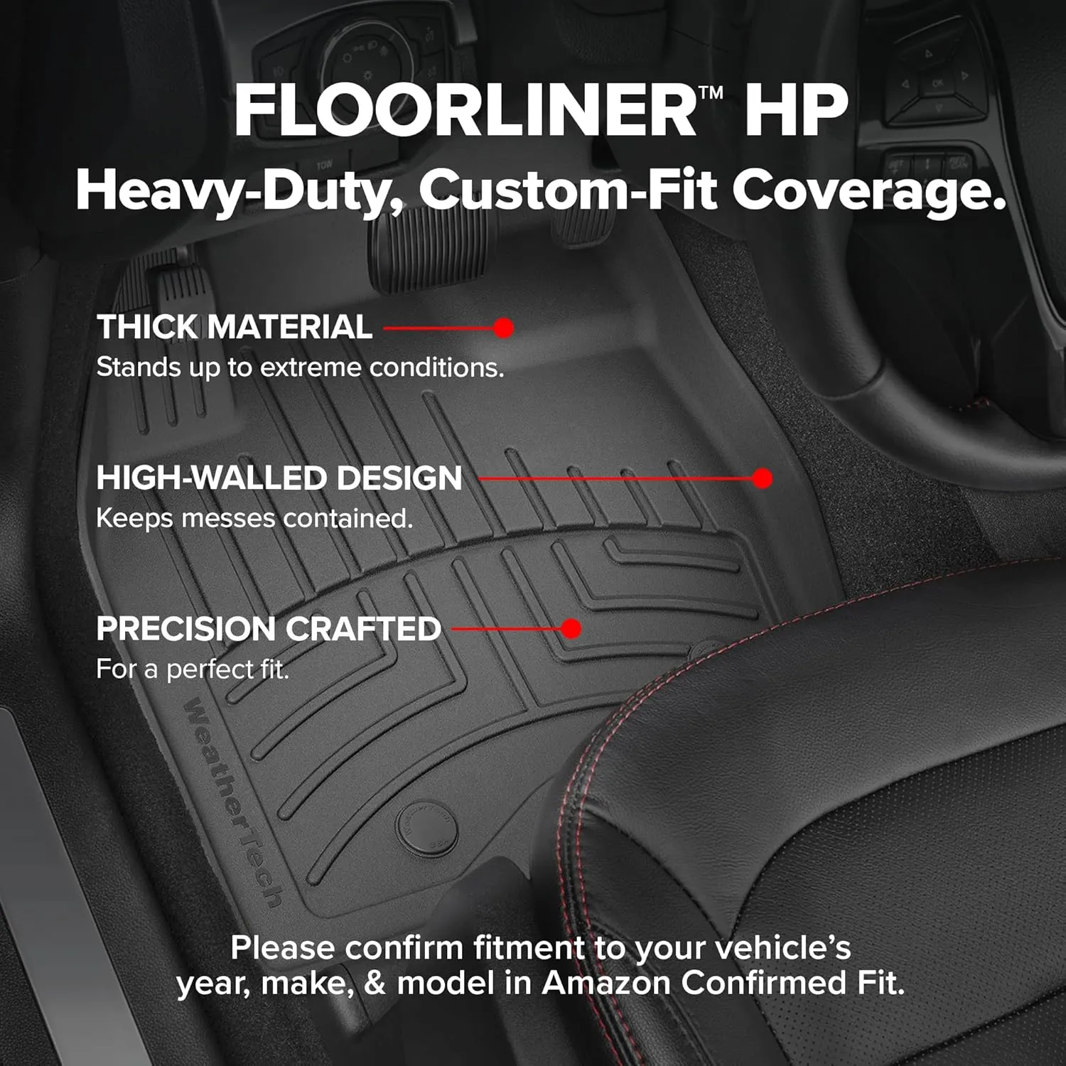 WeatherTech FloorLiner HP Custom Fit Floor Mats for Ford F-150, F-150 Raptor, F-150 Lightning (Crew Cab, Bucket Seats) w/o Fold Flat Storage - 1st & 2nd Row (44697-1-2IM), Black