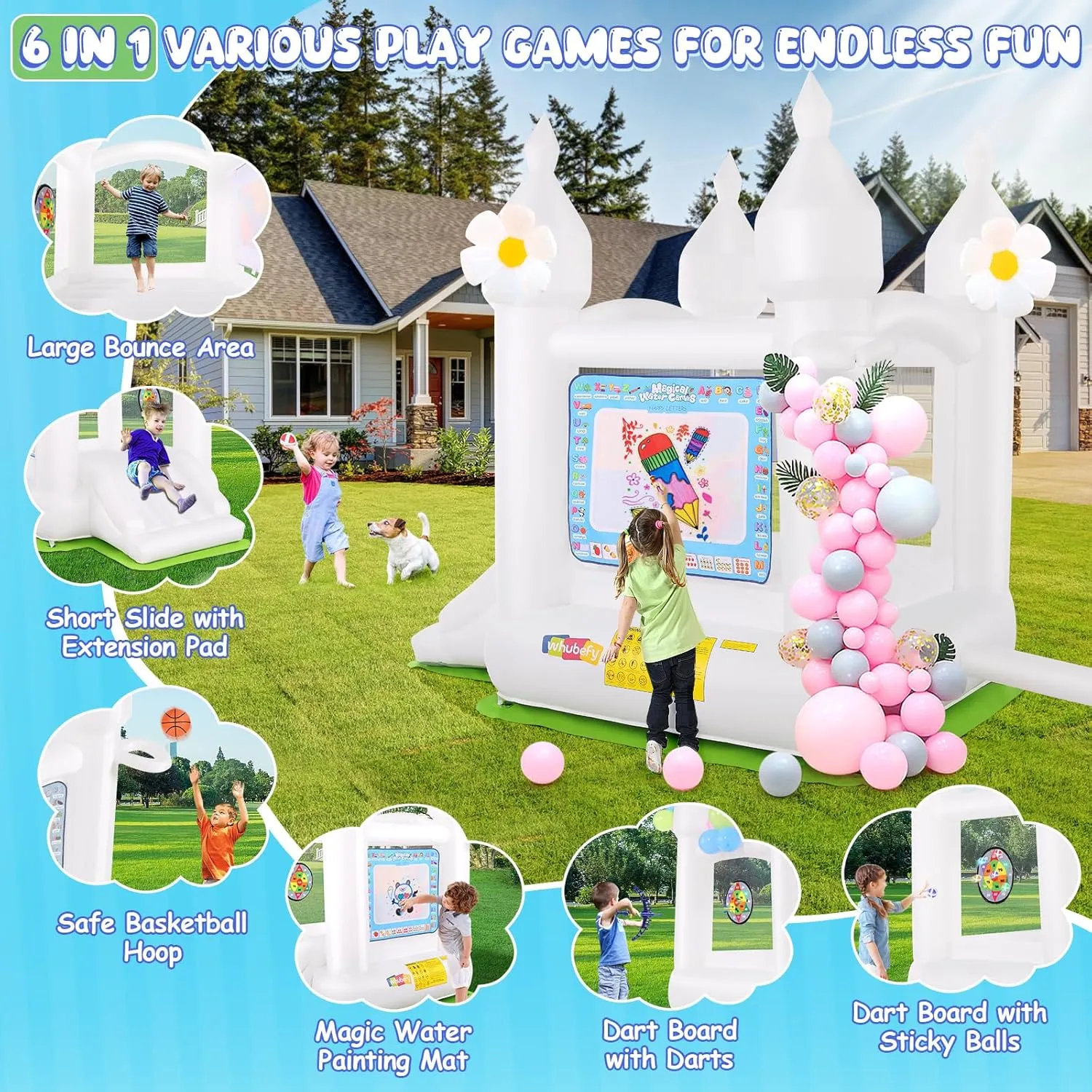 White Bounce House Indoor/Outdoor for Kids 2-8 with Balloons, Magical Water Canvas, Dart Target Balls, Bar Dart Set, Basketball, 102 x 70 x 97 Jumping Castle with Slide for Birthday Party, Wedding
