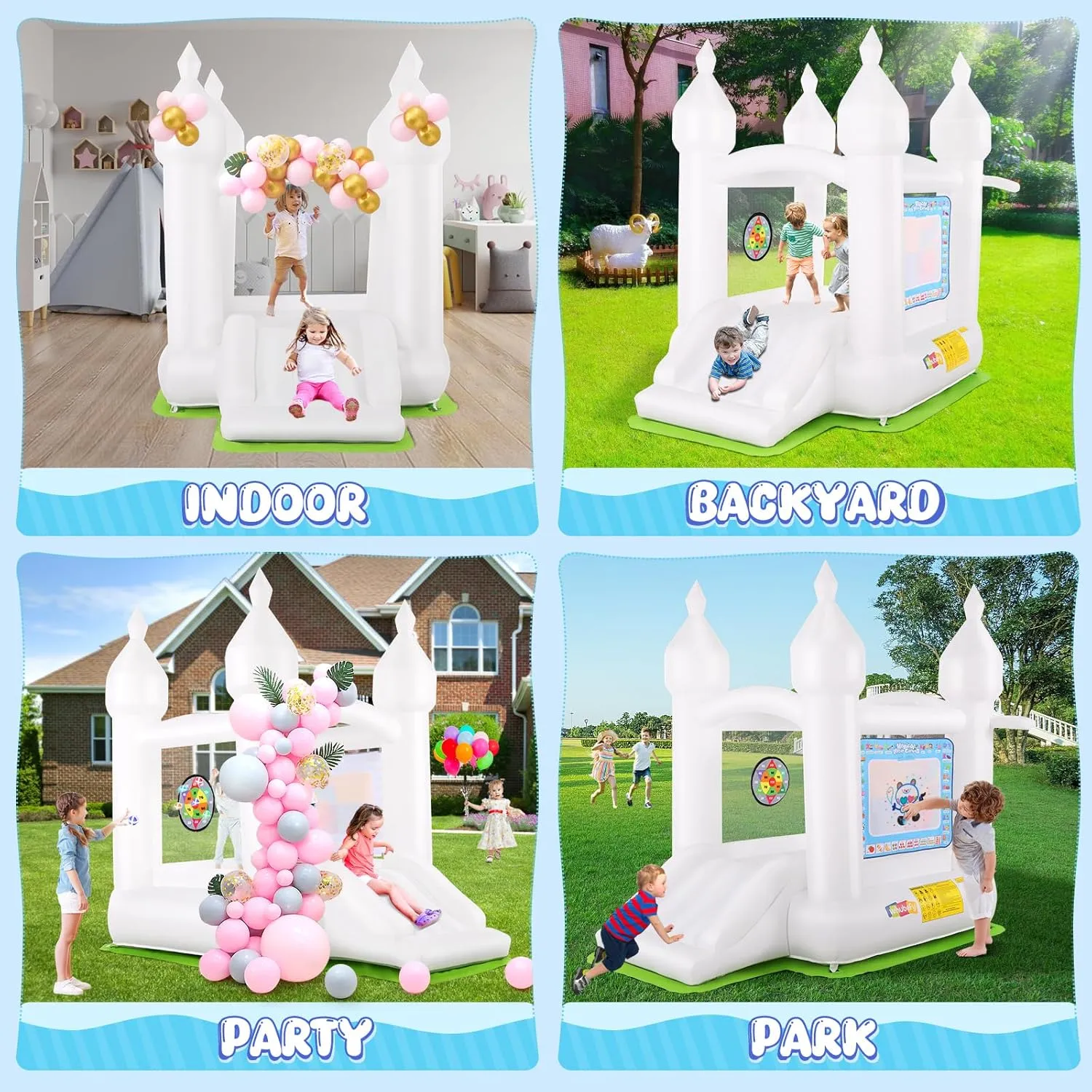White Bounce House Indoor/Outdoor for Kids 2-8 with Balloons, Magical Water Canvas, Dart Target Balls, Bar Dart Set, Basketball, 102 x 70 x 97 Jumping Castle with Slide for Birthday Party, Wedding