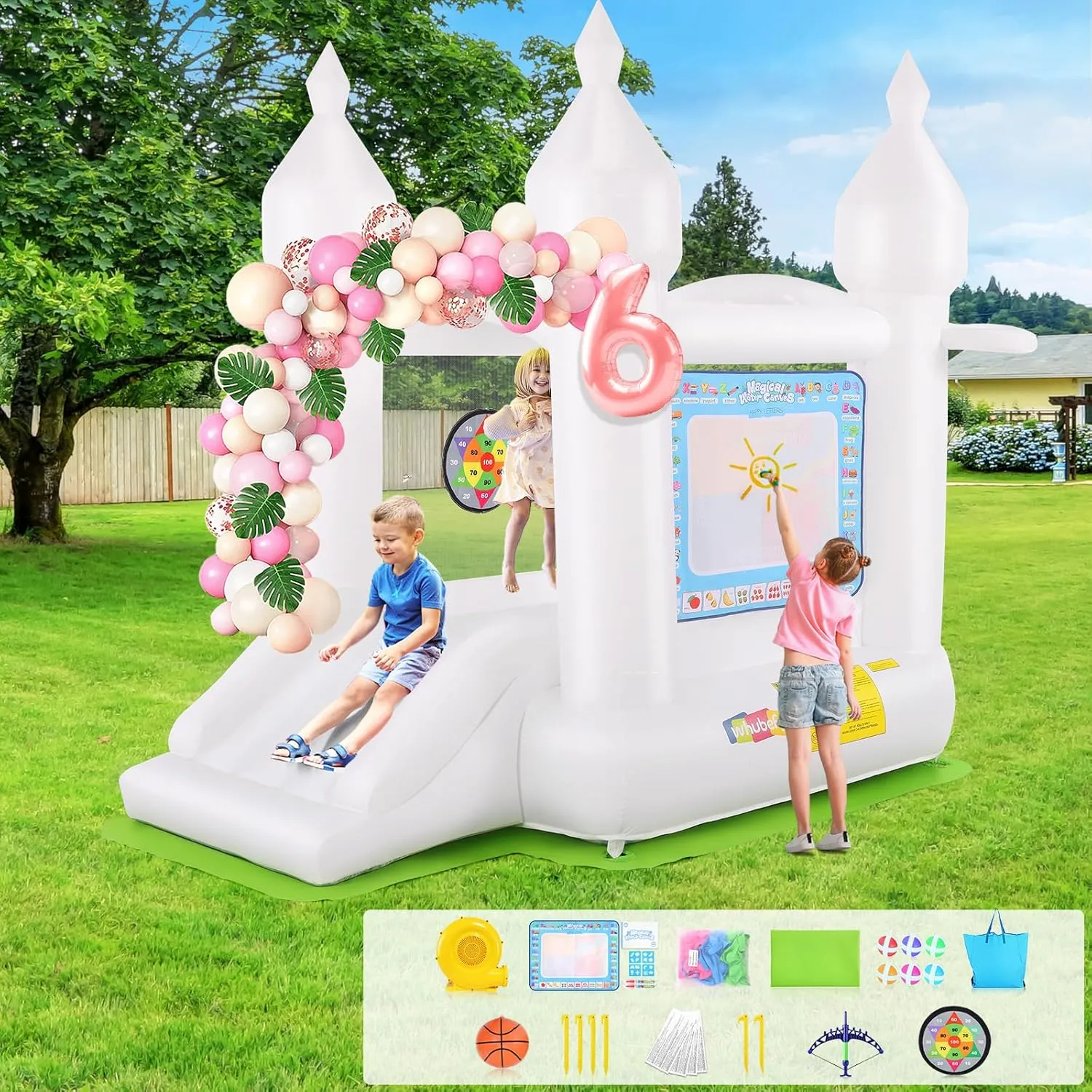 White Bounce House Indoor/Outdoor for Kids 2-8 with Balloons, Magical Water Canvas, Dart Target Balls, Bar Dart Set, Basketball, 102 x 70 x 97 Jumping Castle with Slide for Birthday Party, Wedding