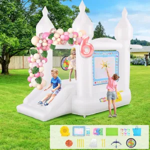 White Bounce House Indoor/Outdoor for Kids 2-8 with Balloons, Magical Water Canvas, Dart Target Balls, Bar Dart Set, Basketball, 102 x 70 x 97 Jumping Castle with Slide for Birthday Party, Wedding