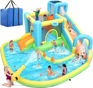 Whubefy Inflatable Water Slide Bounce House for Kids Backyard Blow Up Water Park with Dual Slides & Double Splash Pools, Ring Toss & Water Cannon, Arch & Overhead Sprinkler for Indoor Outdoor Play