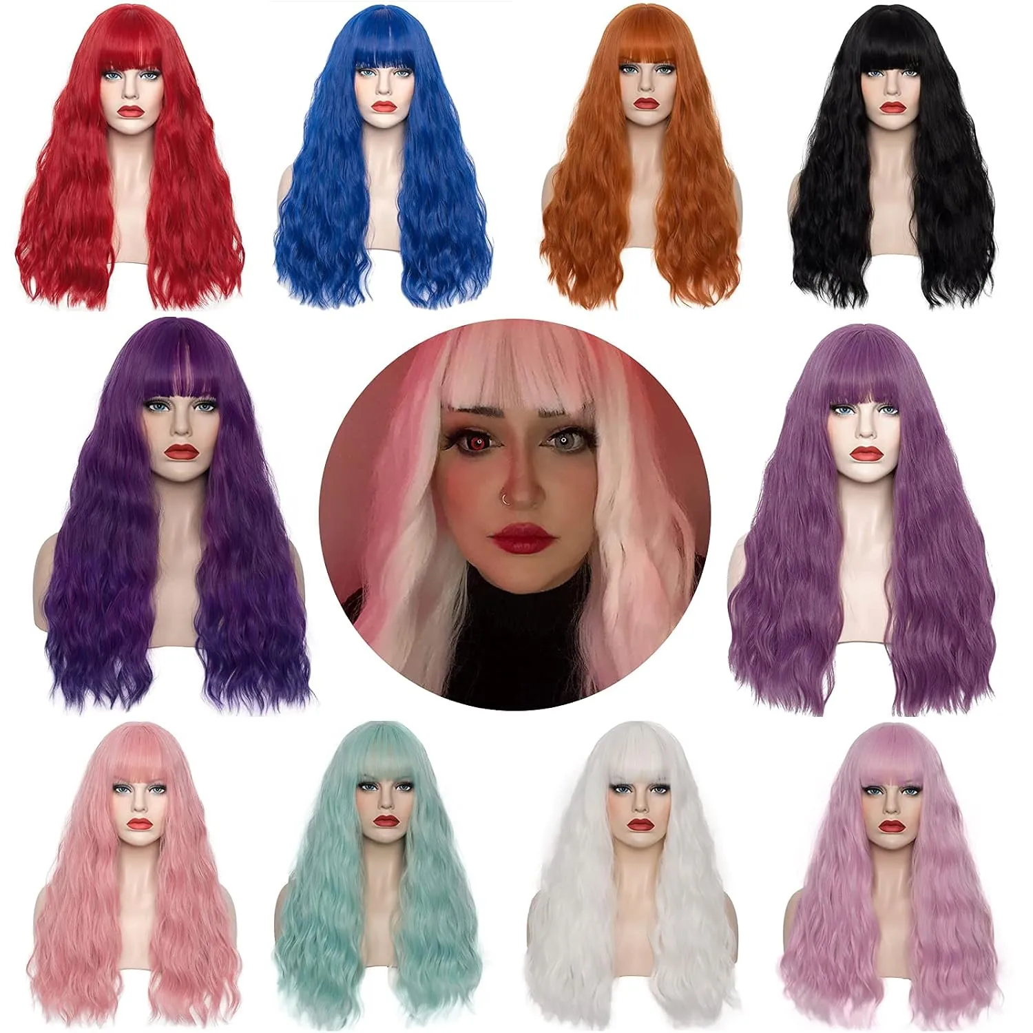 Women's Multi Color Rainbow Wig 22''Long Curly Wavy Wig Shoulder Length Flat Bangs Wig For Women Girl Cosplay Party Halloween Wig Cap Included (22''Multi Color Rainbow)