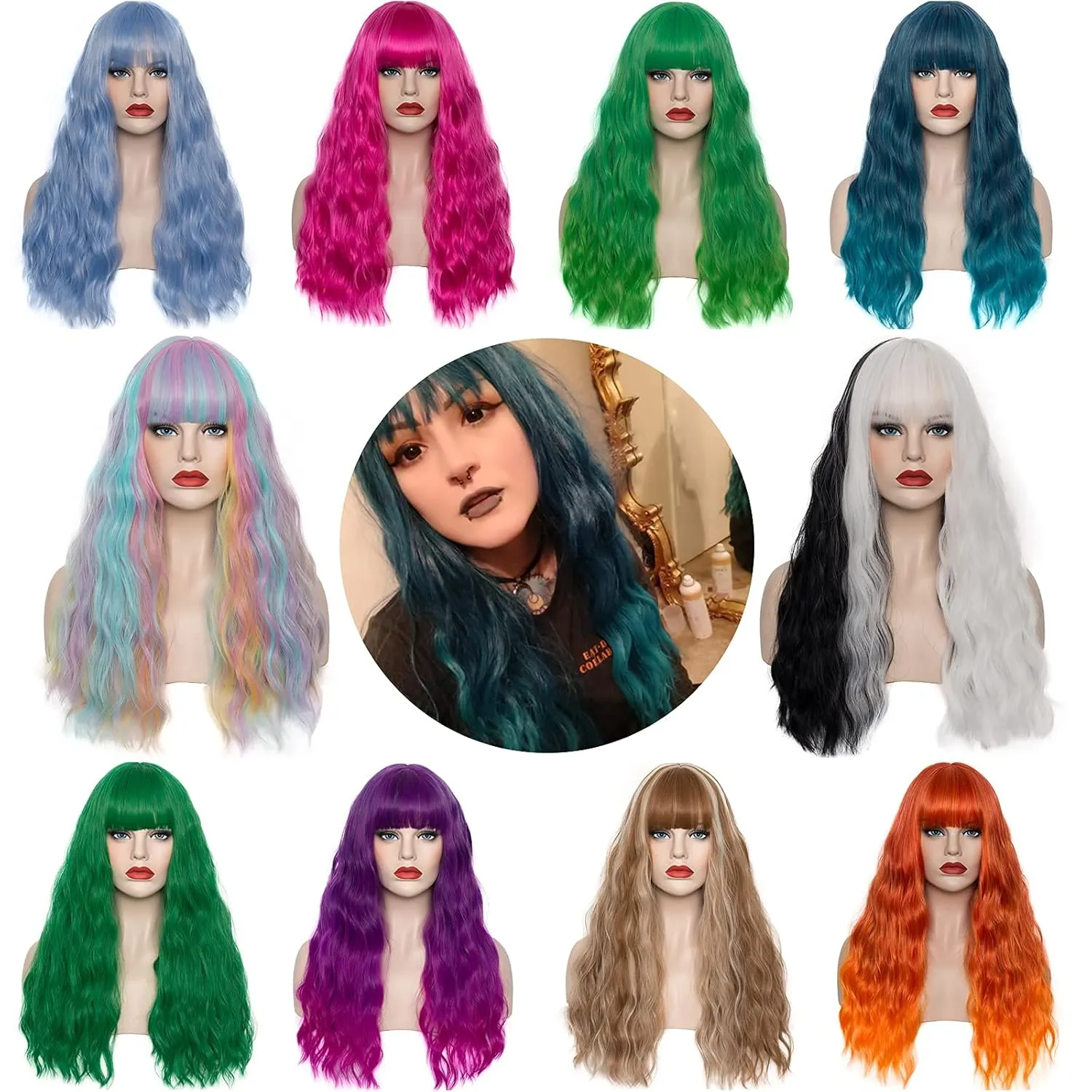 Women's Multi Color Rainbow Wig 22''Long Curly Wavy Wig Shoulder Length Flat Bangs Wig For Women Girl Cosplay Party Halloween Wig Cap Included (22''Multi Color Rainbow)