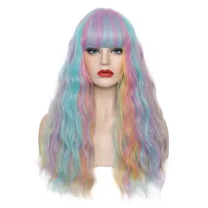 Women's Multi Color Rainbow Wig 22''Long Curly Wavy Wig Shoulder Length Flat Bangs Wig For Women Girl Cosplay Party Halloween Wig Cap Included (22''Multi Color Rainbow)