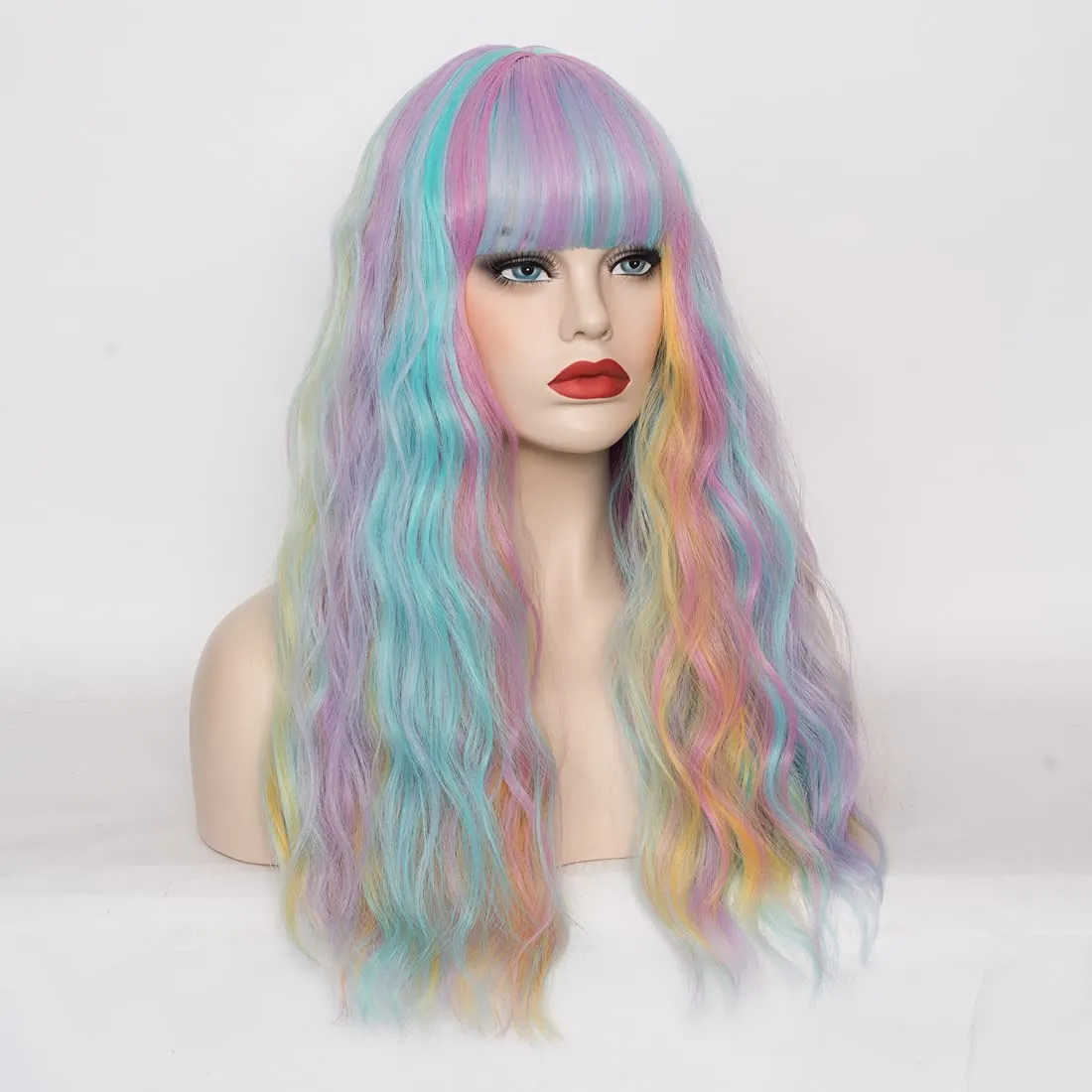 Women's Multi Color Rainbow Wig 22''Long Curly Wavy Wig Shoulder Length Flat Bangs Wig For Women Girl Cosplay Party Halloween Wig Cap Included (22''Multi Color Rainbow)