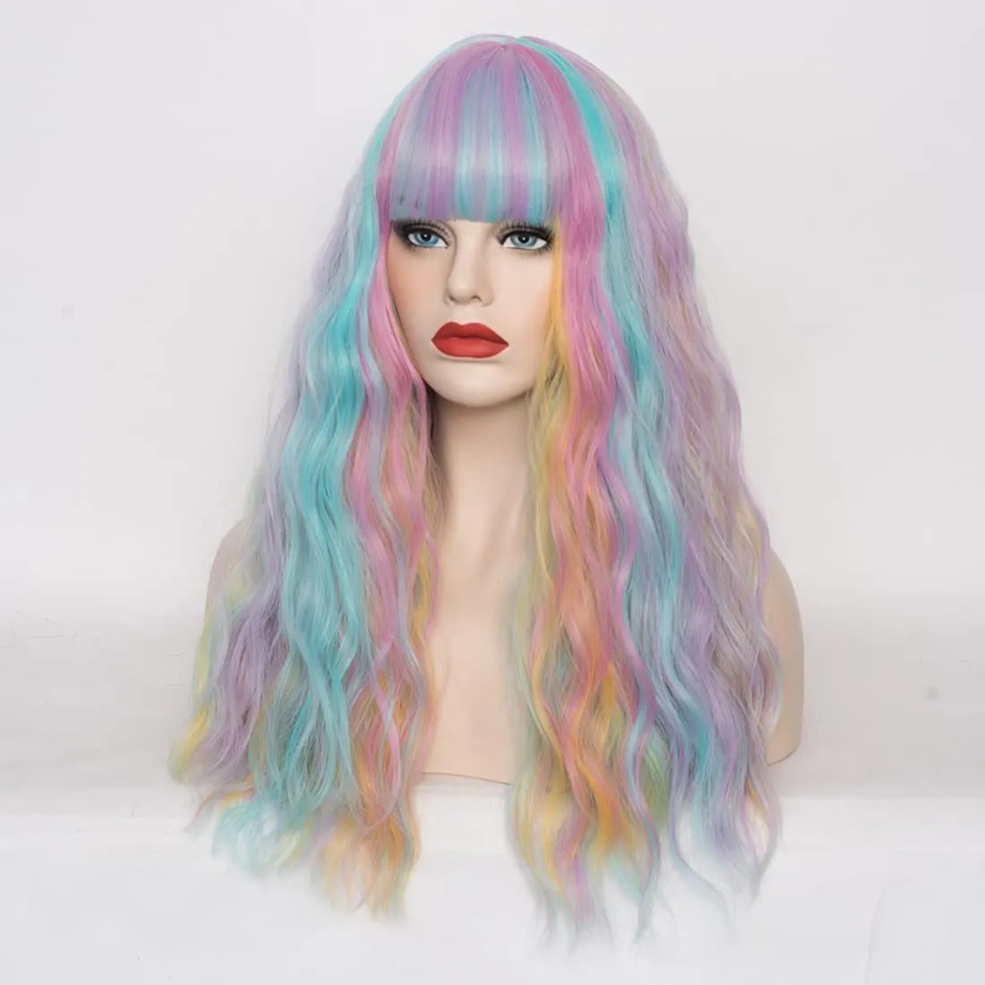 Women's Multi Color Rainbow Wig 22''Long Curly Wavy Wig Shoulder Length Flat Bangs Wig For Women Girl Cosplay Party Halloween Wig Cap Included (22''Multi Color Rainbow)