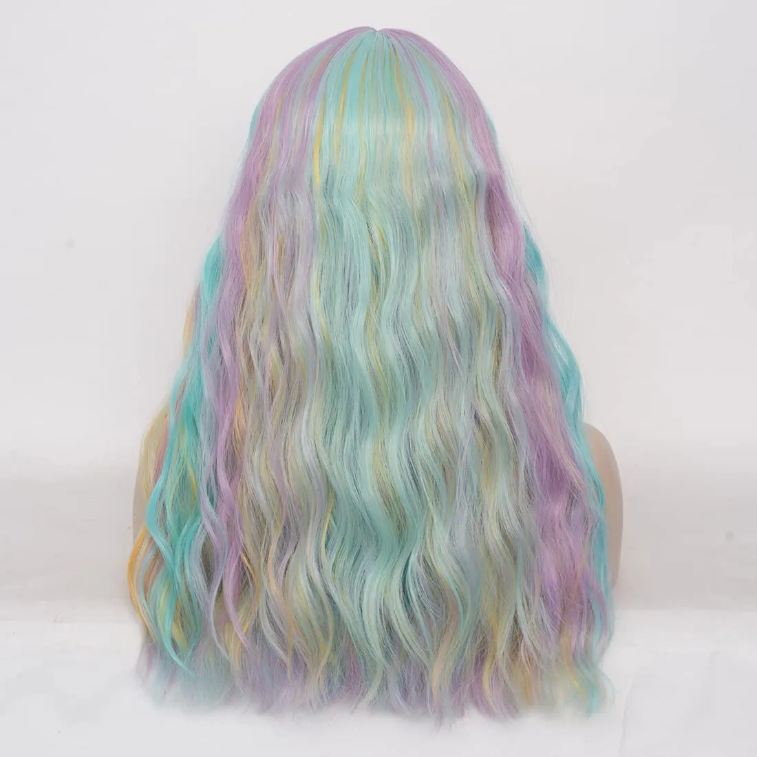 Women's Multi Color Rainbow Wig 22''Long Curly Wavy Wig Shoulder Length Flat Bangs Wig For Women Girl Cosplay Party Halloween Wig Cap Included (22''Multi Color Rainbow)
