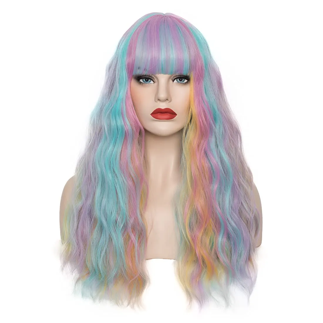 Women's Multi Color Rainbow Wig 22''Long Curly Wavy Wig Shoulder Length Flat Bangs Wig For Women Girl Cosplay Party Halloween Wig Cap Included (22''Multi Color Rainbow)