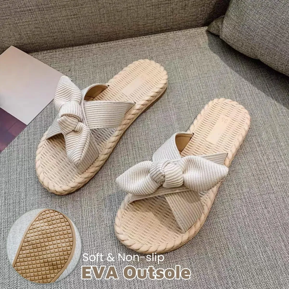 Women's Open Toe Slide Slippers with Cute Bow, Summer Crossband Linen Sandal Slippers, Slip-on House Shoes