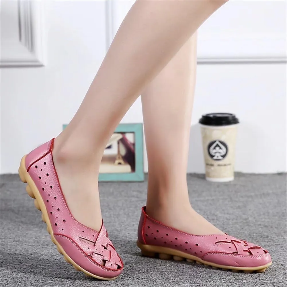 Women's Orthopedic Breathable Leather Loafers Hollow Cutout Comfortable Soft Flats Slip On Sandals for Summer Cowhide Leather Casual Shoes