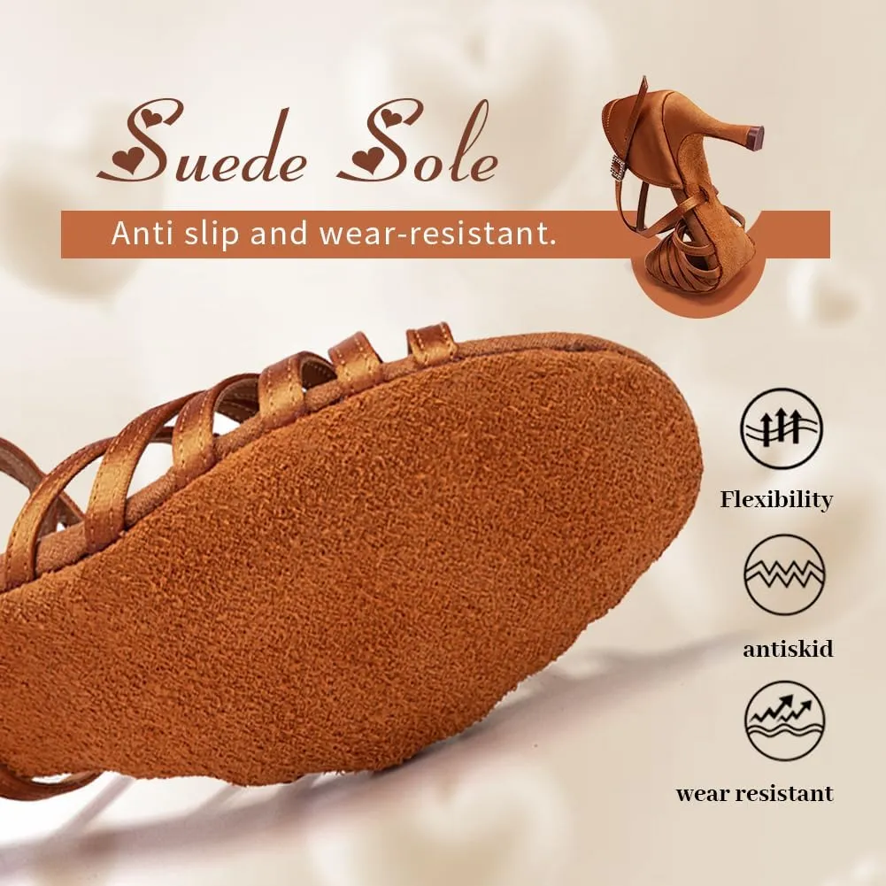 Women's Satin Latin Dance Shoes Professional Ballroom Salsa Performance Practice Dancing Shoes,Model EM-Suede Sole-3”Heel