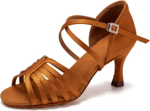 Women's Satin Latin Dance Shoes Professional Ballroom Salsa Performance Practice Dancing Shoes,Model EM-Suede Sole-3”Heel