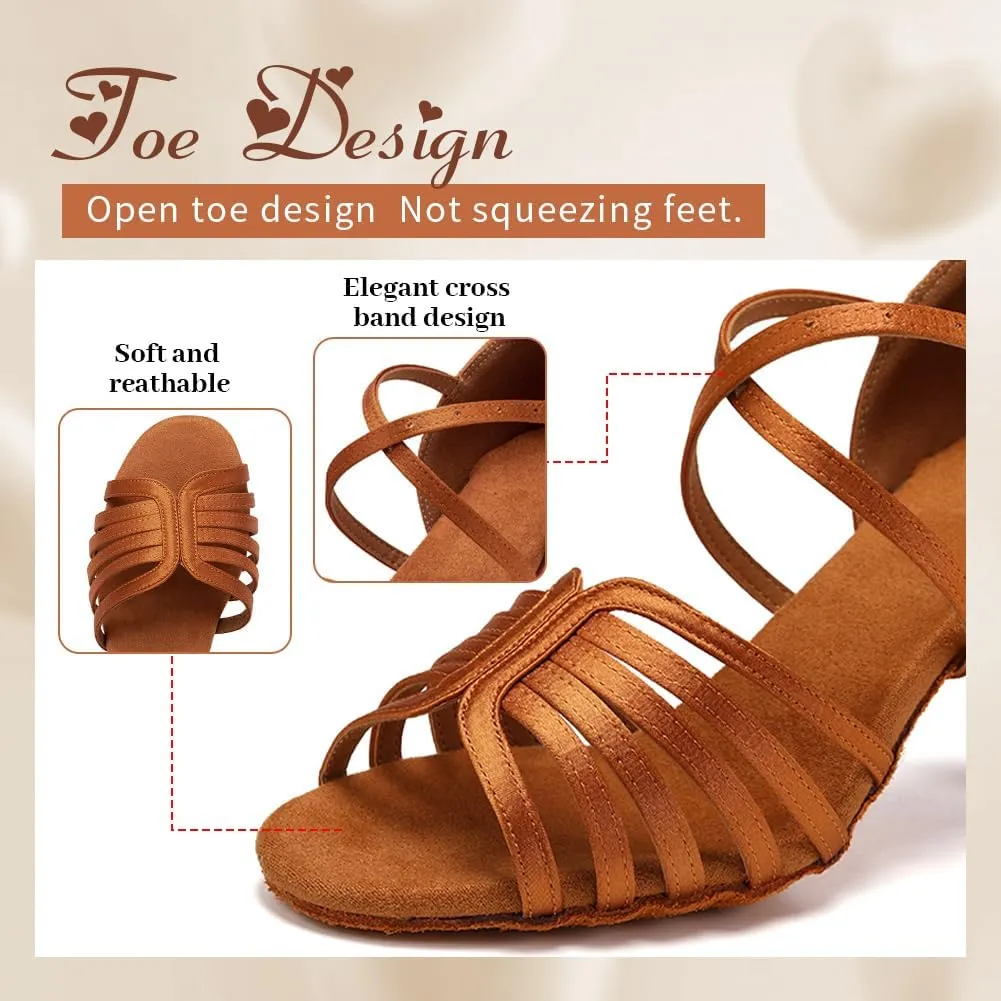 Women's Satin Latin Dance Shoes Professional Ballroom Salsa Performance Practice Dancing Shoes,Model EM-Suede Sole-3”Heel