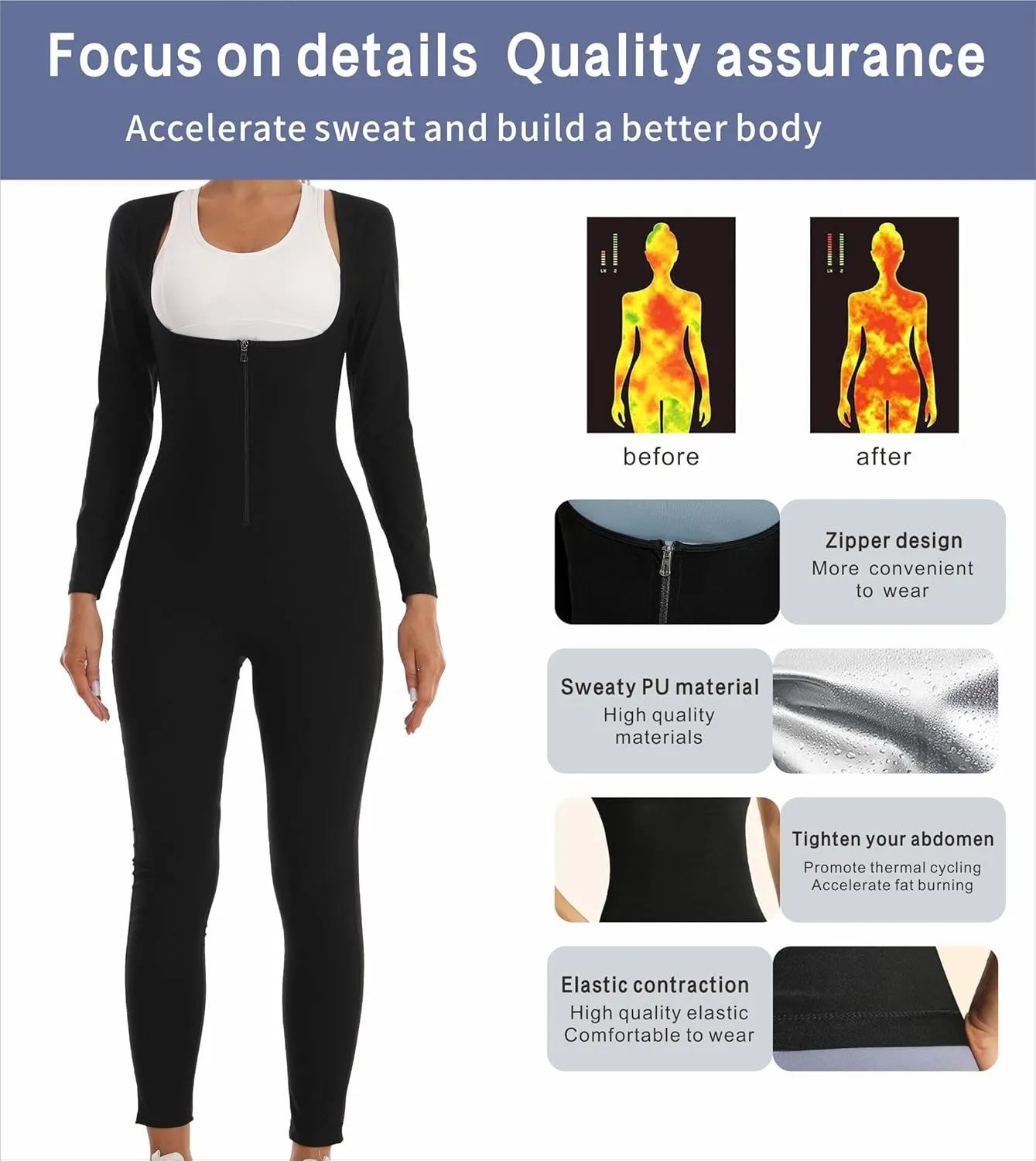 Women's Sauna Suit Workout Sets Long Sleeve Jumpsuit, Full Body Corset Sweatsuit Sweat-Enhancing Waist Trainer