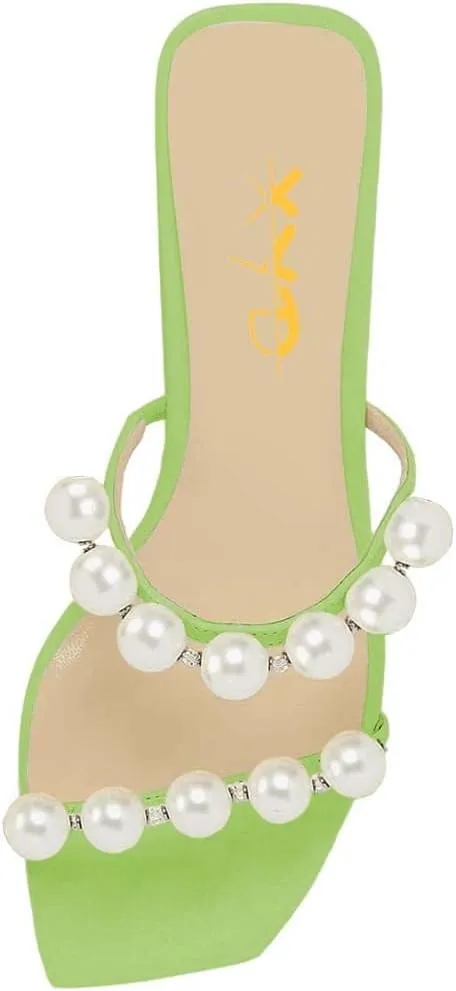 XYD Women Square Open Toe Pearls Embellished Dual Straps Slides Sandals Slip On Low/High Chunky Block Heel Chic Mules Summer Resort Outdoor Party Shoes