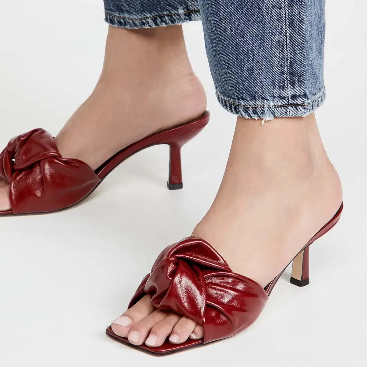 XYD Women's Square Open Toe Kitten Heel Slides Sandals Mid Heels Mules Slip On Fashion Knot Dress Party Summer Shoes