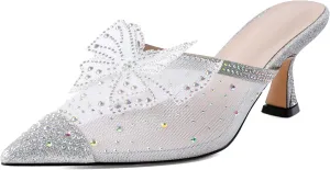 Zamikoo Women's Mule Sandals with Rhinestone, Pointed Toe Slip On Kitten Heel Sandals, Low Heel Mules with Bow, Sparkly Glitter Dress Mesh Pump Shoes for Summer